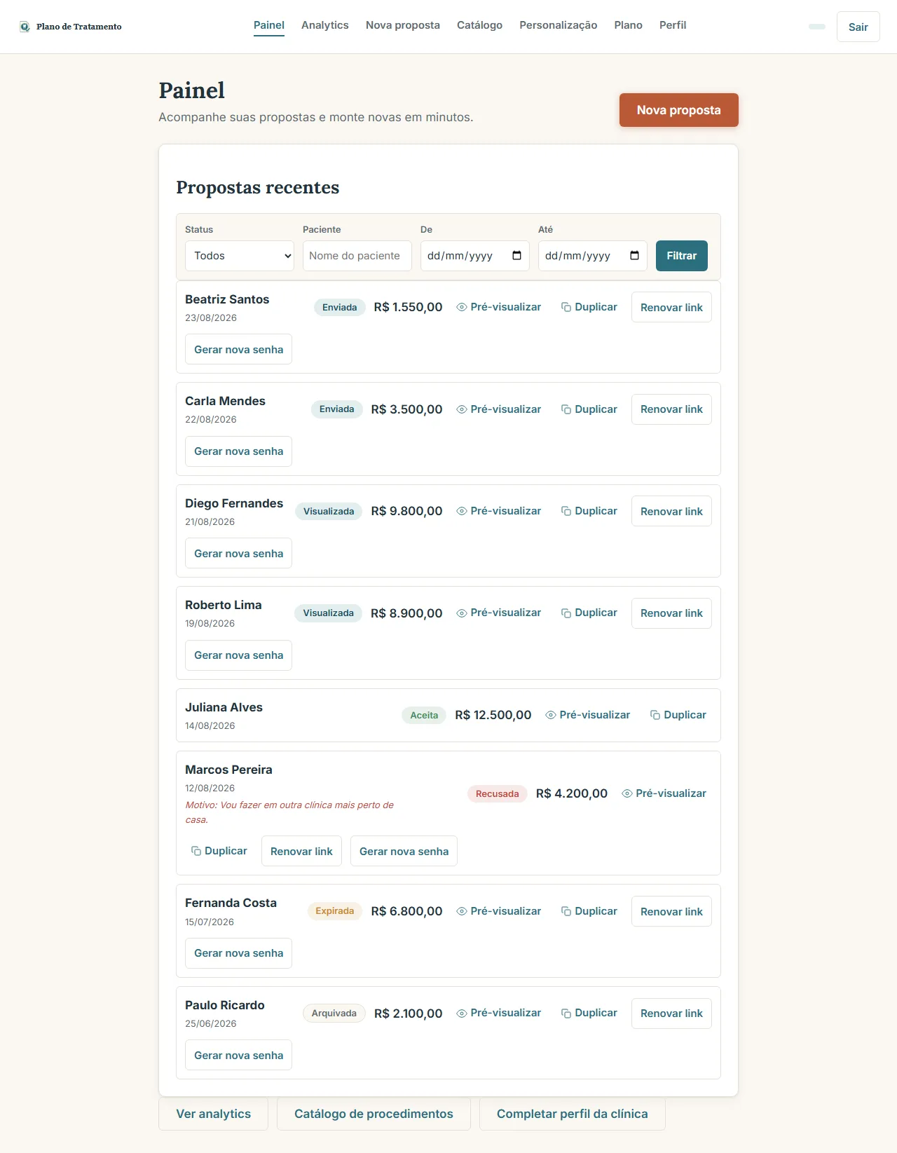 Visão geral do Painel, com a lista de propostas recentes