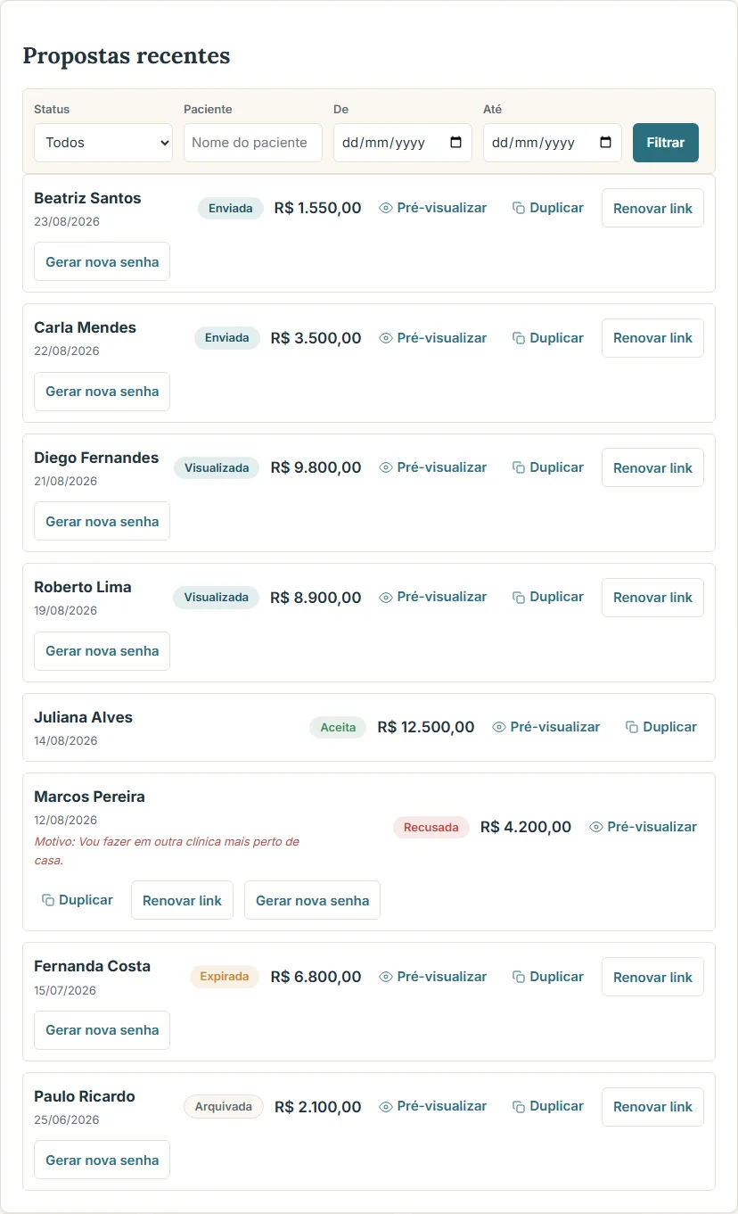 Lista de propostas com filtros, selos de status e ações rápidas