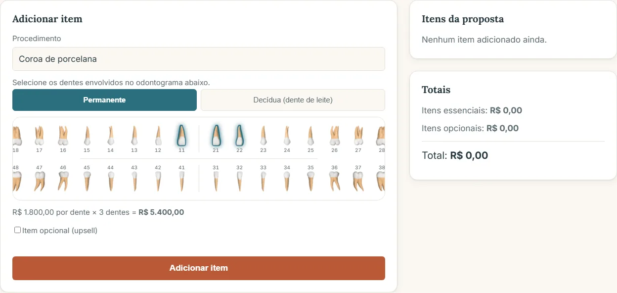 Busca de procedimento e seleção de dentes no odontograma