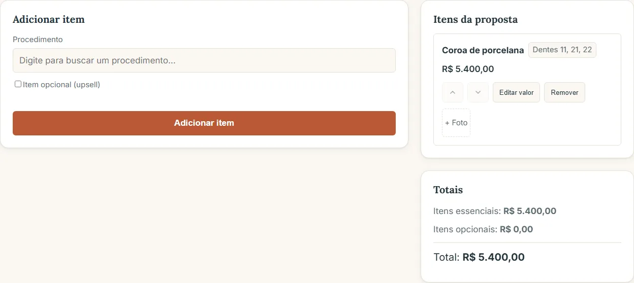 Item adicionado à proposta, com os totais atualizados