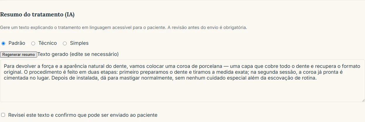 Resumo do tratamento gerado por IA, com tom e revisão obrigatória