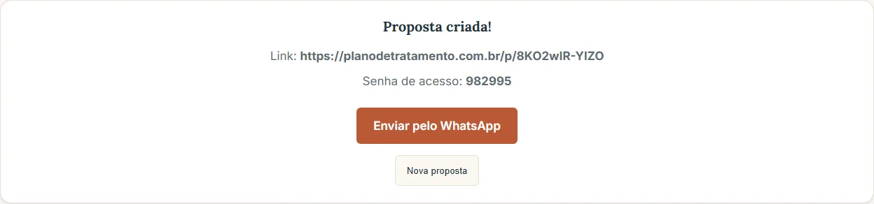 Tela de sucesso após o envio, com link, senha e botão do WhatsApp