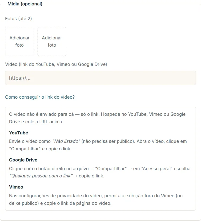 Bloco de mídia com upload de fotos, campo de URL de vídeo e ajuda expandida