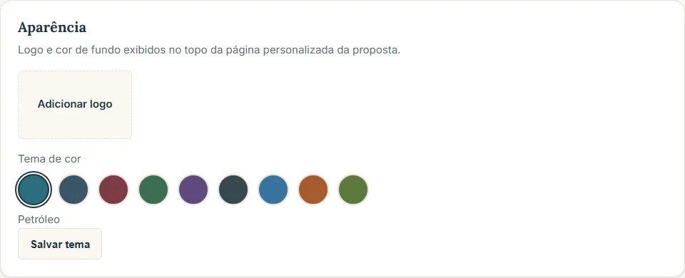 Bloco de Aparência: logo e tema de cor
