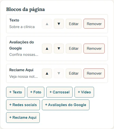 Lista de blocos da página, já com três blocos adicionados