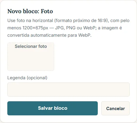 Formulário de um novo bloco do tipo Foto