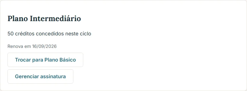 Card de assinatura ativa, com o botão de trocar de plano e gerenciar assinatura