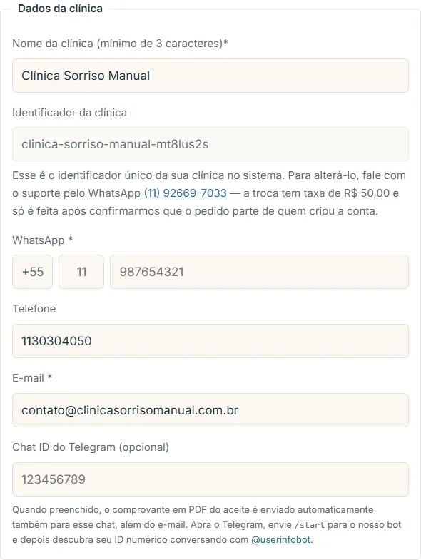 Formulário de Dados da clínica