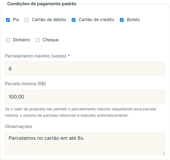 Formulário de Condições de pagamento padrão