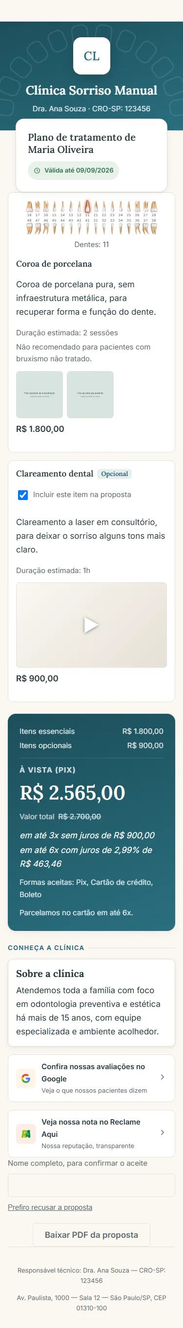 Visão geral da proposta no celular, do cabeçalho da clínica ao rodapé com dados do responsável técnico