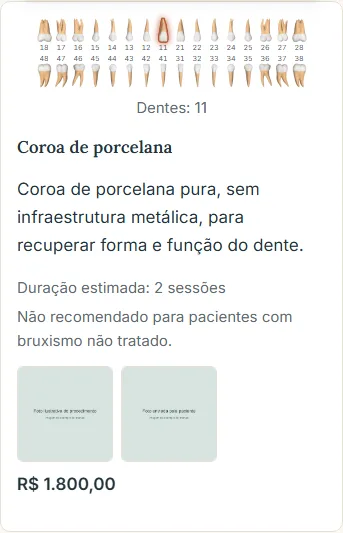 Item essencial com odontograma, duração, contraindicação e galeria de fotos
