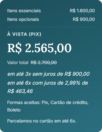 Bloco de investimento com valor à vista, parcelamento e formas de pagamento aceitas